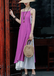 Elegant Violet Tie Waist Cotton Fake Two Piece Spaghetti Strap Dress Summer
