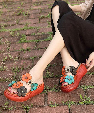 Elegant Wedge Orange Cowhide Leather Slide Sandals - SooLinen