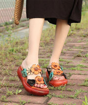 Elegant Wedge Orange Cowhide Leather Slide Sandals - SooLinen