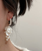 Elegant White Alloy Overgild Zircon Pearl Floral Tassel Drop Earrings