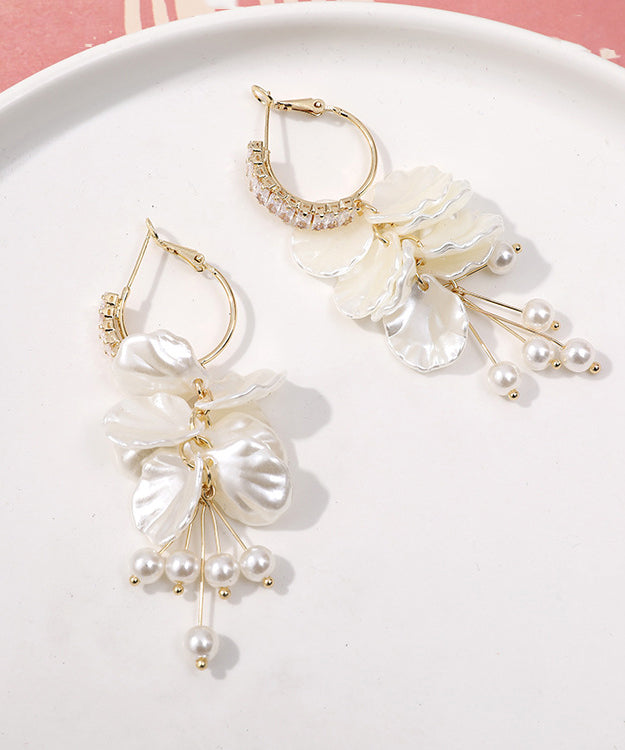 Elegant White Alloy Overgild Zircon Pearl Floral Tassel Drop Earrings