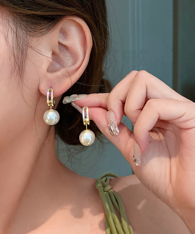 Elegant White Alloy Zircon Pearl Drop Earrings