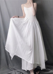 Elegant White Asymmetrical Layered Wrinkled Spaghetti Strap Long Dress Sleeveless