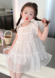 Elegant White Bow Tulle Kids A Line Mid Dresses Summer