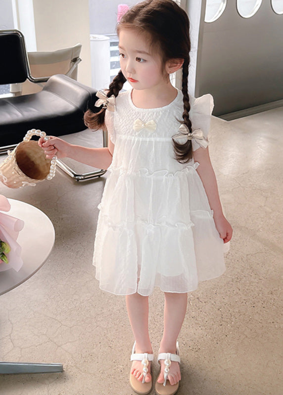 Elegant White Bow Tulle Kids A Line Mid Dresses Summer
