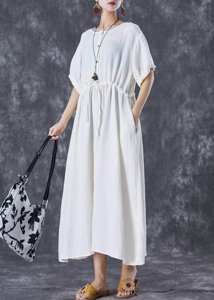 Elegant White Cinched Pockets Cotton Holiday Dress Summer