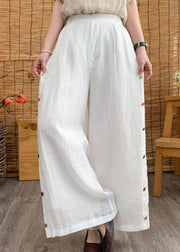 Elegant White Elastic Waist Linen Wide Leg Pants Summer