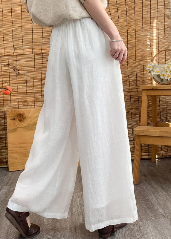Elegant White Elastic Waist Linen Wide Leg Pants Summer