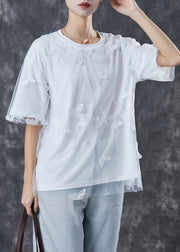 Elegant White Embroidered Butterfly Tulle Tanks Top Summer