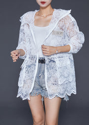 Elegant White Embroidered Drawstring Pockets Cotton Coat Outwear Fall