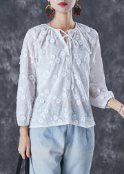 Elegant White Embroidered Floral Lace Up Cotton Tops Fall