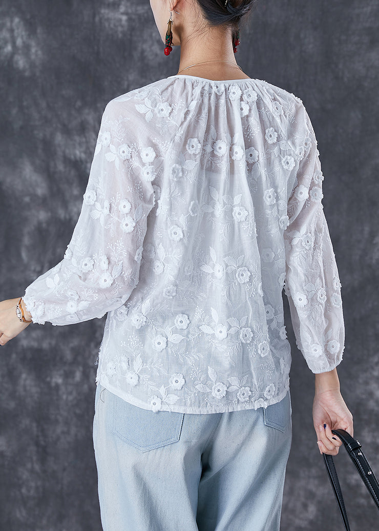 Elegant White Embroidered Floral Lace Up Cotton Tops Fall