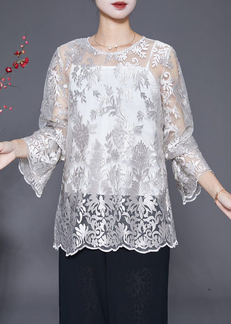 Elegant White Embroidered Hollow Out Lace Top Fall