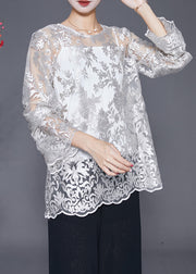 Elegant White Embroidered Hollow Out Lace Top Fall