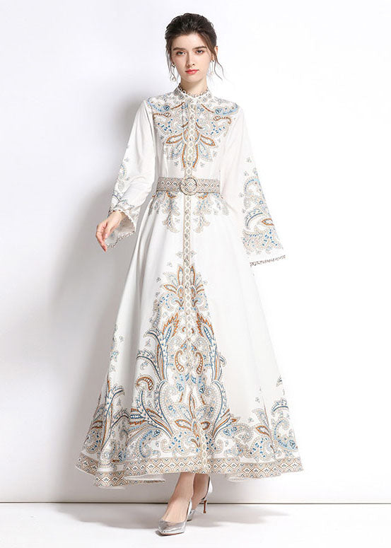 Elegant White Embroidered Patchwork Cotton Exra Large Hem Long Dresses Flare Sleeve