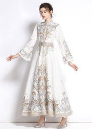 Elegant White Embroidered Patchwork Cotton Exra Large Hem Long Dresses Flare Sleeve