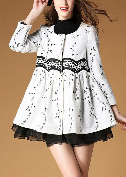 Elegant White Embroidered Patchwork Print Fall Woolen Coats