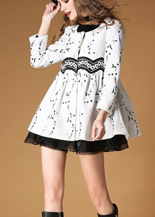 Elegant White Embroidered Patchwork Print Fall Woolen Coats