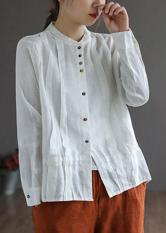 Elegant White Linen Retro Wrinkled Fall Tie Waist Long Sleeve Shirt Tops - SooLinen