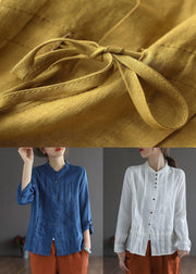 Elegant White Linen Retro Wrinkled Fall Tie Waist Long Sleeve Shirt Tops - SooLinen