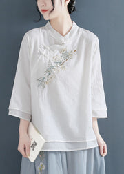 Elegante, weiße Stehkragen-Baumwoll-Fälschung, zweiteilige Hemden, Dreiviertel-Ärmel