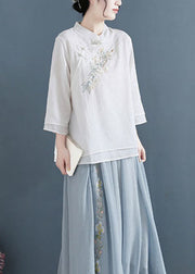 Elegant White Mandarin Collar Cotton Fake Two Piece Shirts Three Quarter sleeve