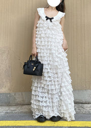Elegant White O-Neck Bow Lace Layered Long Dress Spring