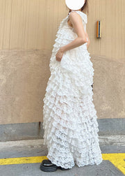 Elegant White O-Neck Bow Lace Layered Long Dress Spring