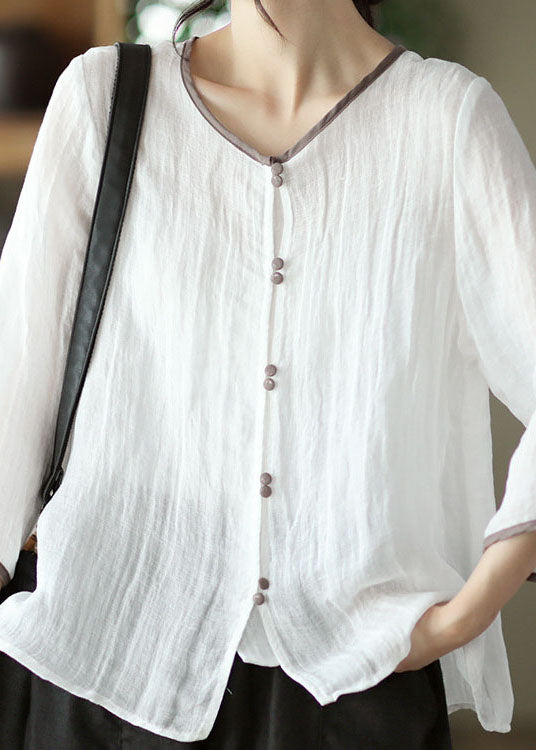 Elegant White O Neck Patchwork Linen Blouses Summer