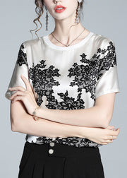 Elegant White O-Neck Print T Shirt Short Sleeve