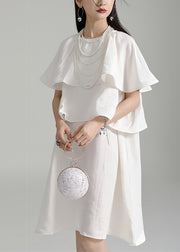 Elegant White O Neck Ruffled Patchwork Cotton Mid Dresses Summer