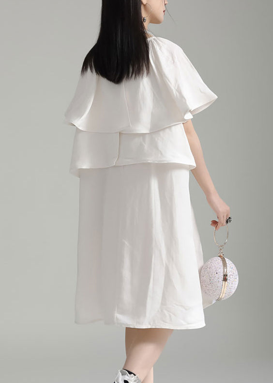 Elegant White O Neck Ruffled Patchwork Cotton Mid Dresses Summer