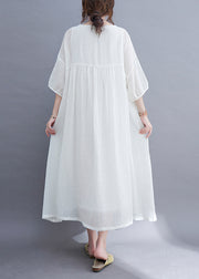 Elegant White O-Neck wrinkled Extra large hem Long Dress Half Sleeve