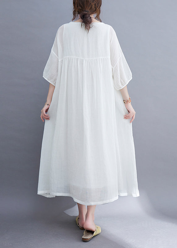 Elegant White O-Neck wrinkled Extra large hem Long Dress Half Sleeve