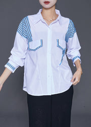 Elegant White Oversized Patchwork Striped Cotton Blouse Tops Fall