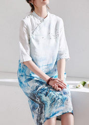 Elegant White Patchwork Button Print Summer Ramie Mid Dress Half Sleeve - SooLinen
