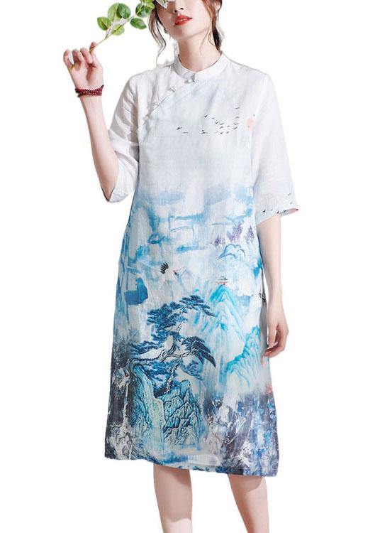 Elegant White Patchwork Button Print Summer Ramie Mid Dress Half Sleeve - SooLinen