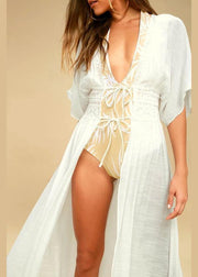 Elegant White Patchwork Hollow Out kimono robe Long Summer Cotton - SooLinen