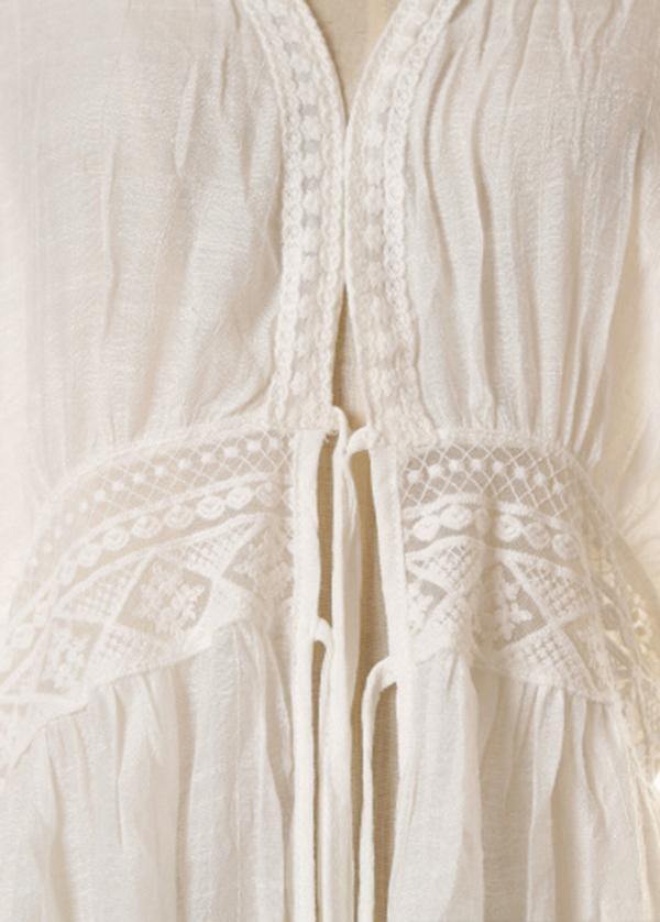 Elegant White Patchwork Hollow Out kimono robe Long Summer Cotton - SooLinen