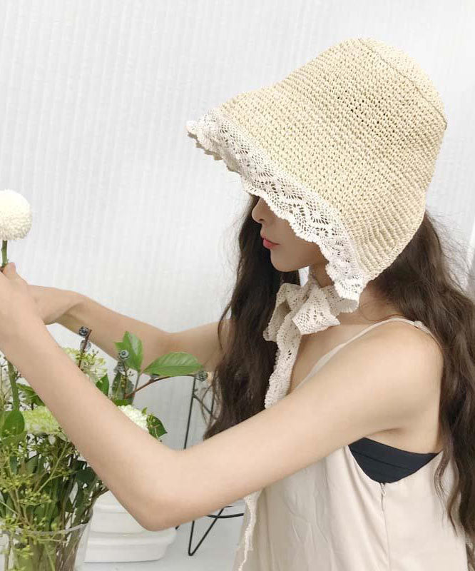Elegant White Patchwork Lace Lace Up Straw Woven Floppy Sun Hat