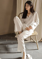 Elegant White Peter Pan Collar Button Solid Ice Silk Pajamas Two Piece Set Spring