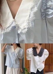 Elegant White Peter Pan Collar Lace Patchwork Cotton Top Summer