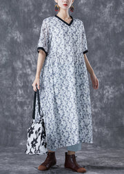 Elegant White Print Patchwork Pockets Cotton Long Dresses Summer