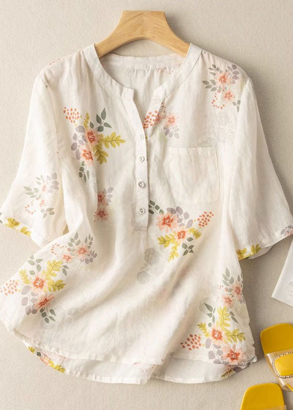 Elegant White Print Pockets Patchwork Linen T Shirt Summer
