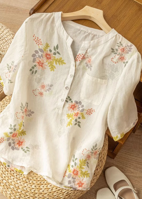 Elegant White Print Pockets Patchwork Linen T Shirt Summer