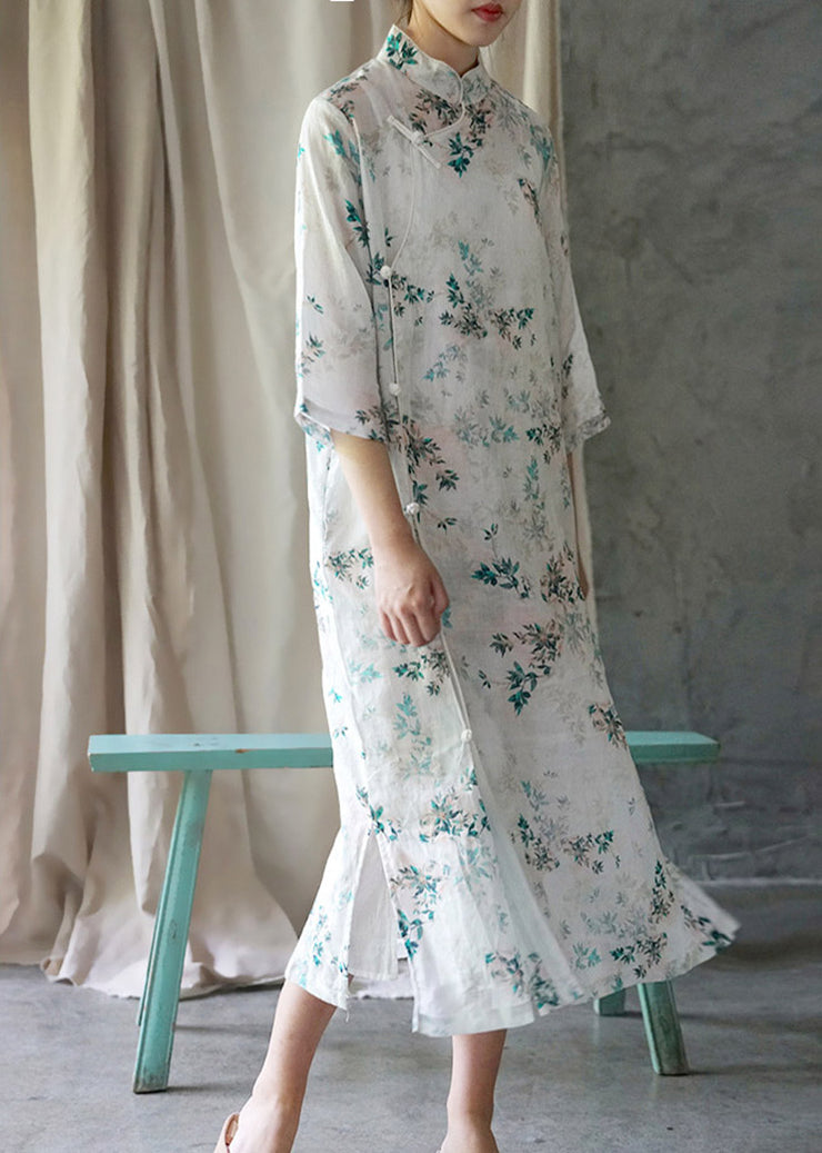 Elegantes weißes Cheongsam-Kleid mit Stehkragen, seitlich offenem Leinen, Sommer