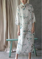 Elegant White Print Stand Collar Side Open Linen Cheongsam Dress Summer