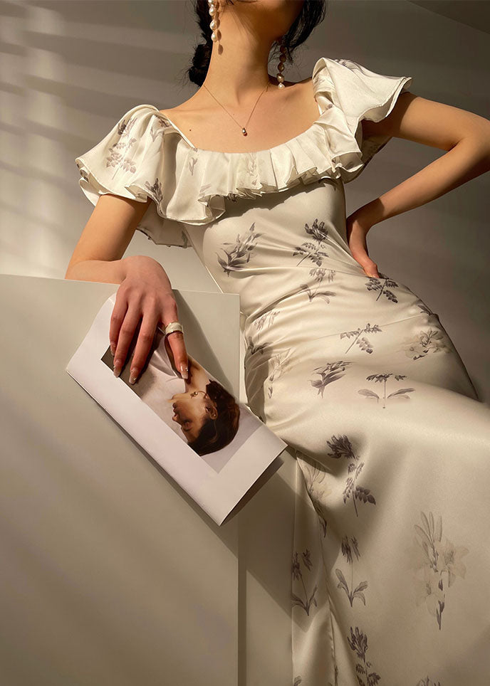 Elegant White Ruffled Cold Shoulder Silk Spaghetti Strap Dress Vestidos Summer