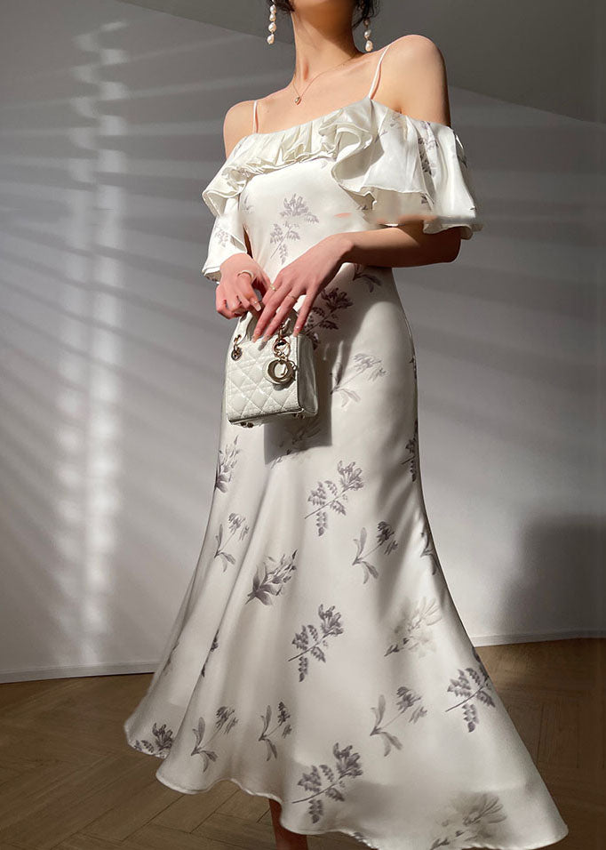 Elegant White Ruffled Cold Shoulder Silk Spaghetti Strap Dress Vestidos Summer