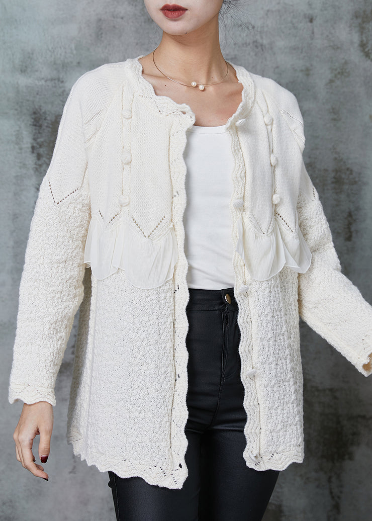 Elegant White Ruffles Patchwork Knit Coat Outwear Spring